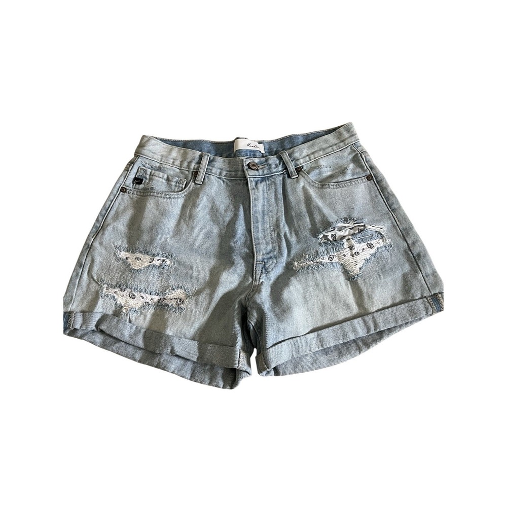Rancan Womens Light Wash Distressed Paisley Bandana Patch Denim Shorts KC7831L L
